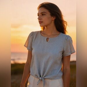 Ladies Green Envelope Brand Blue-white Striped Tie-Front Blouse ( inv# 175)